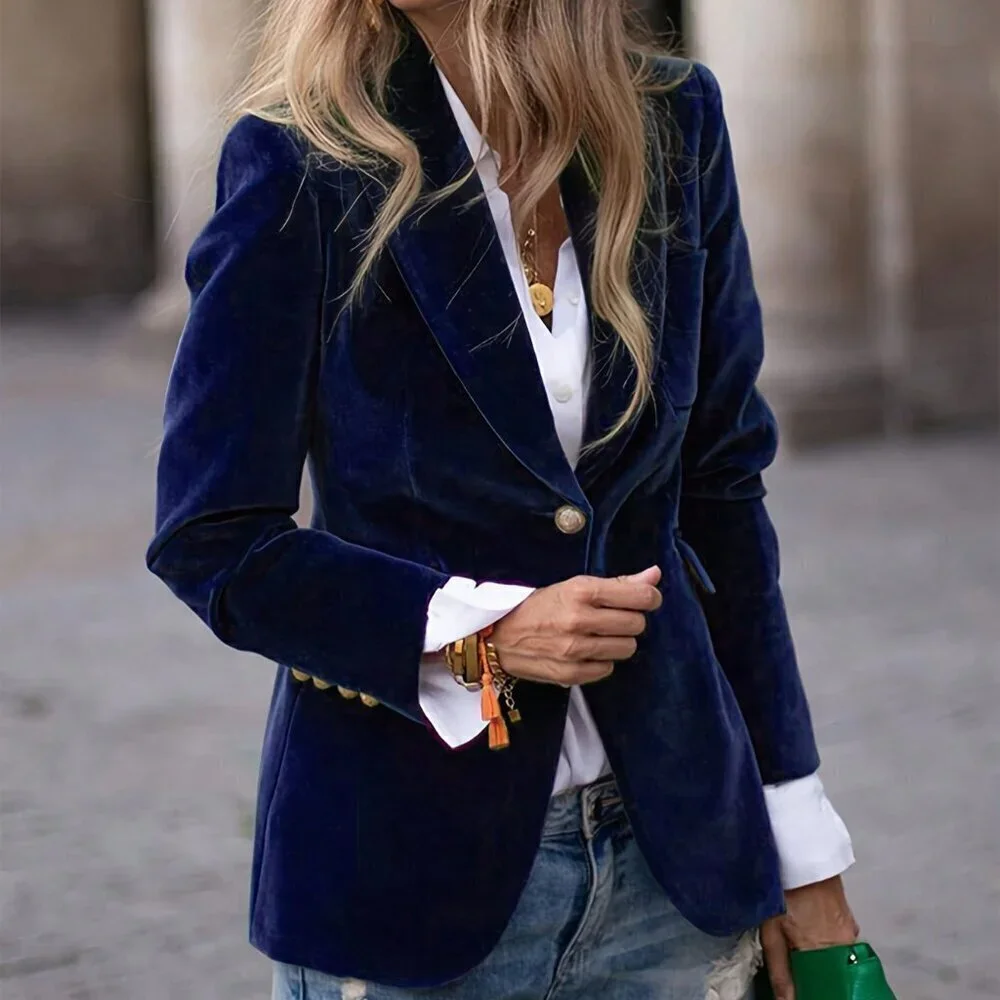 Navy Blue Elegant Women's Premium Velvet Blazer jacket